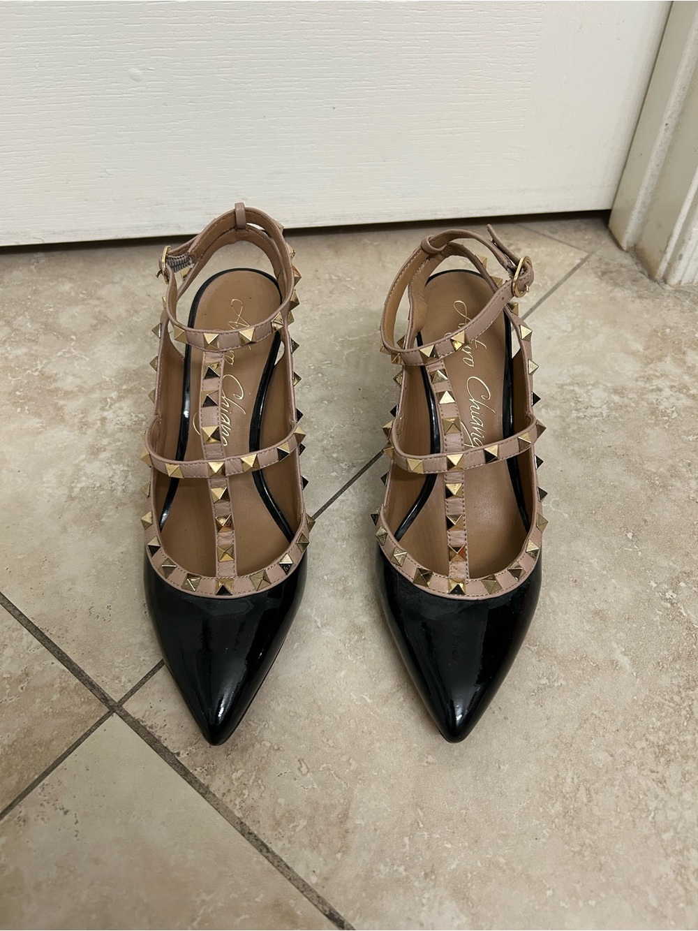 Arturo Chiang Black Patent Pointed T-Strap Pumps with Nude Studded Straps